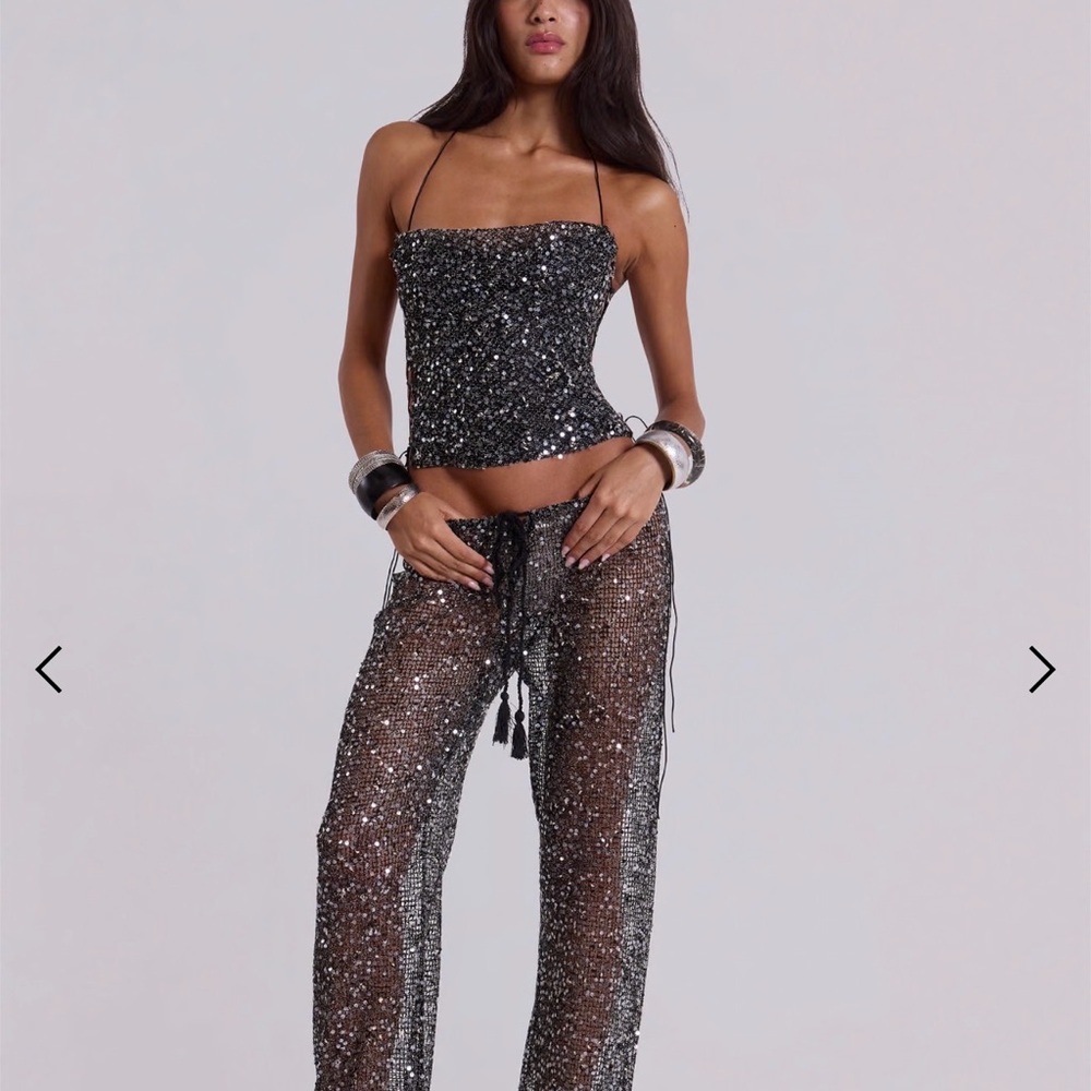 Jaded London Black Sequin Sheer Pants & Strapless Top Set